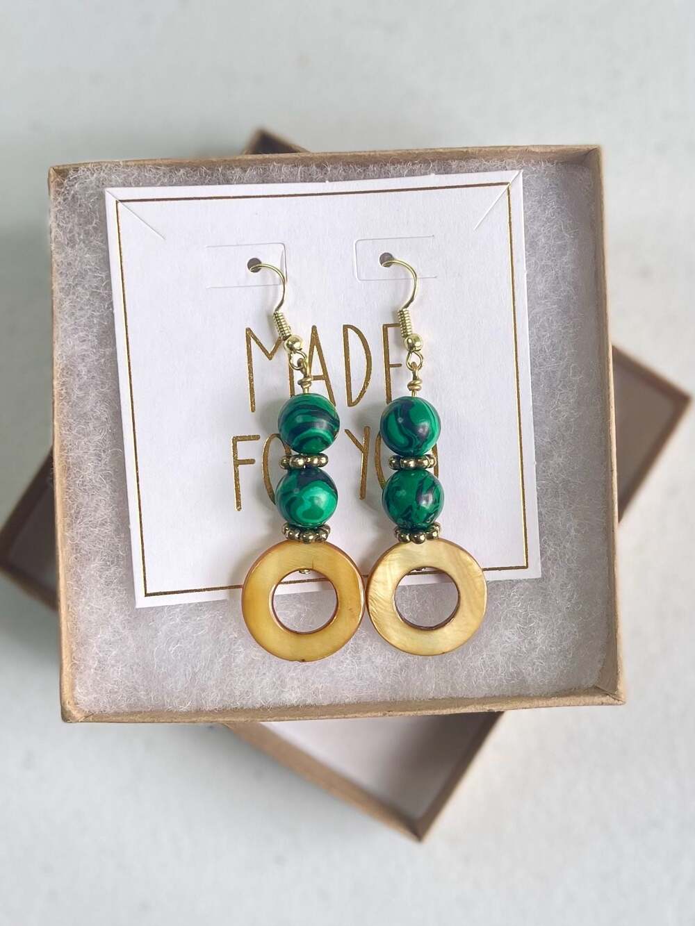 Handmade by Fynn Green Malachite Style Beaded and Shell Dangle Earrings